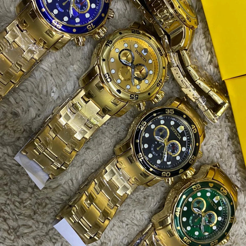 Relógio Masculino Invicta Pro Diver de Luxo Banhado a Ouro 18K em Aço Inoxidável À Prova D'água em Piscina com Caixa Velcro