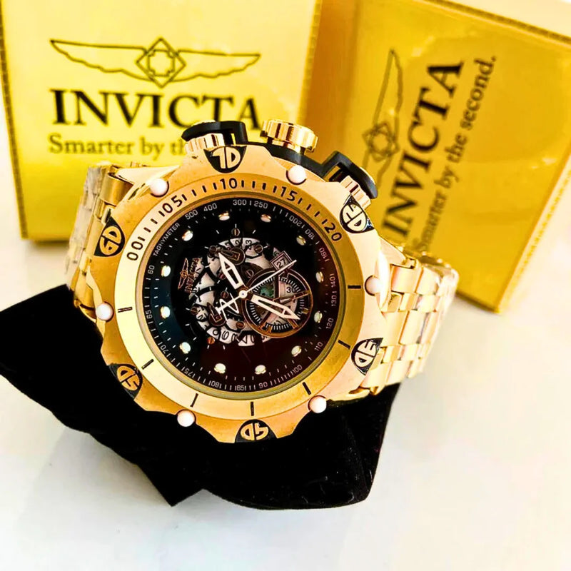 Relógio Masculino Invicta Venom Hybrid Skeleton Relógio Robusto Grande em Aço Inoxidável Banhado a Ouro 18K Luxo À Prova D'água