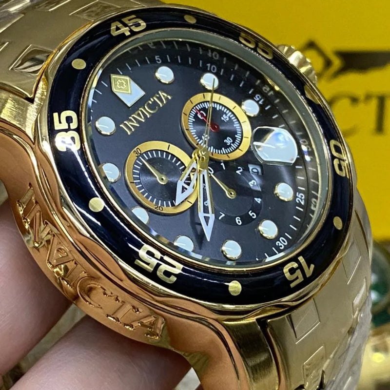 Relógio Masculino Invicta Pro Diver de Luxo Banhado a Ouro 18K em Aço Inoxidável À Prova D'água em Piscina com Caixa Velcro