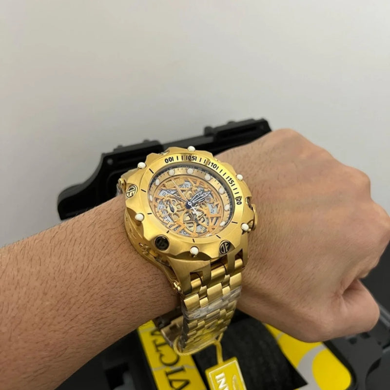 Relógio Masculino Invicta Venom Hybrid Skeleton Relógio Robusto Grande em Aço Inoxidável Banhado a Ouro 18K Luxo À Prova D'água
