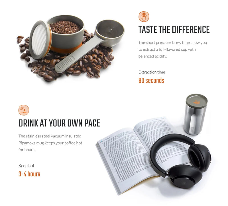WACACO Pipamoka, cafeteira portátil combinada a vácuo multifuncional, caneca de viagem isolada, cafeteira movida a mão e pressão
