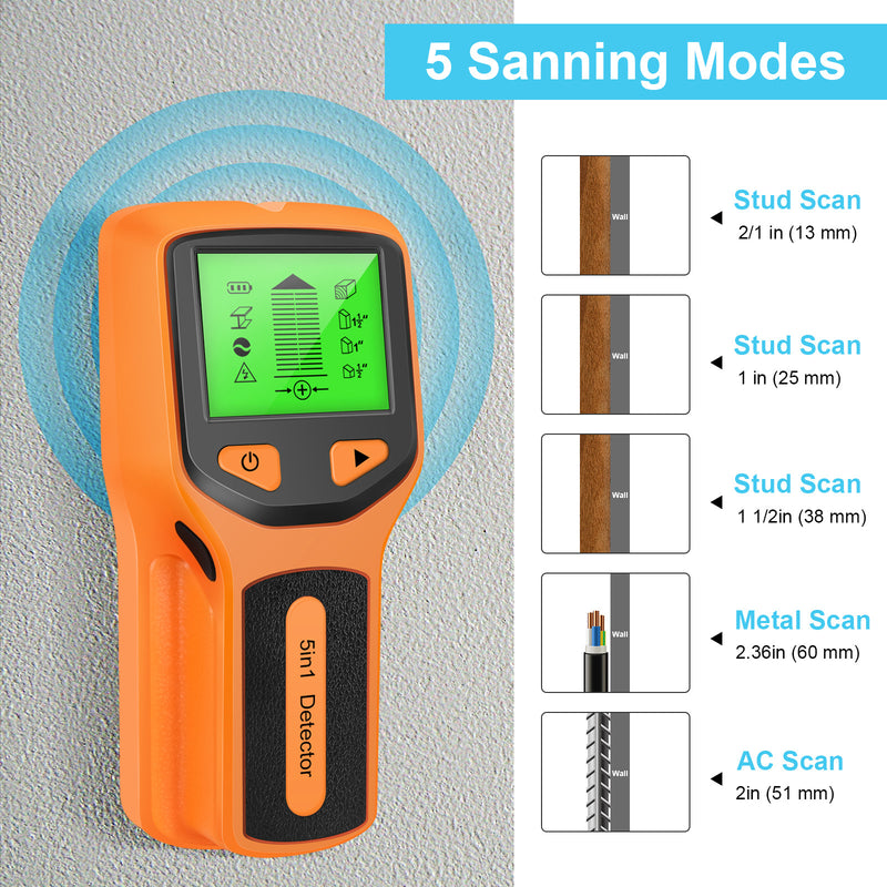 Novo detector de parede 5 em 1, detector portátil de coluna de parafuso, detector de cabo ac ao vivo, cabo, tubo de água em pvc, detector de metais