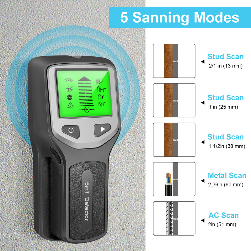 Novo detector de parede 5 em 1, detector portátil de coluna de parafuso, detector de cabo ac ao vivo, cabo, tubo de água em pvc, detector de metais