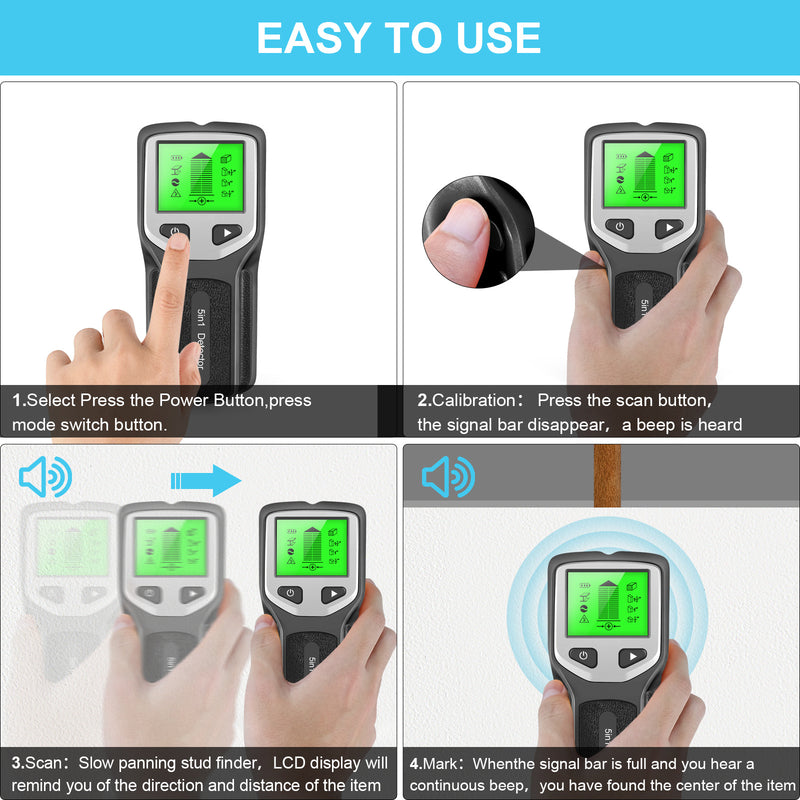 Novo detector de parede 5 em 1, detector portátil de coluna de parafuso, detector de cabo ac ao vivo, cabo, tubo de água em pvc, detector de metais