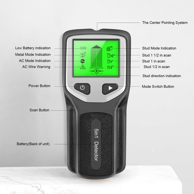 Novo detector de parede 5 em 1, detector portátil de coluna de parafuso, detector de cabo ac ao vivo, cabo, tubo de água em pvc, detector de metais