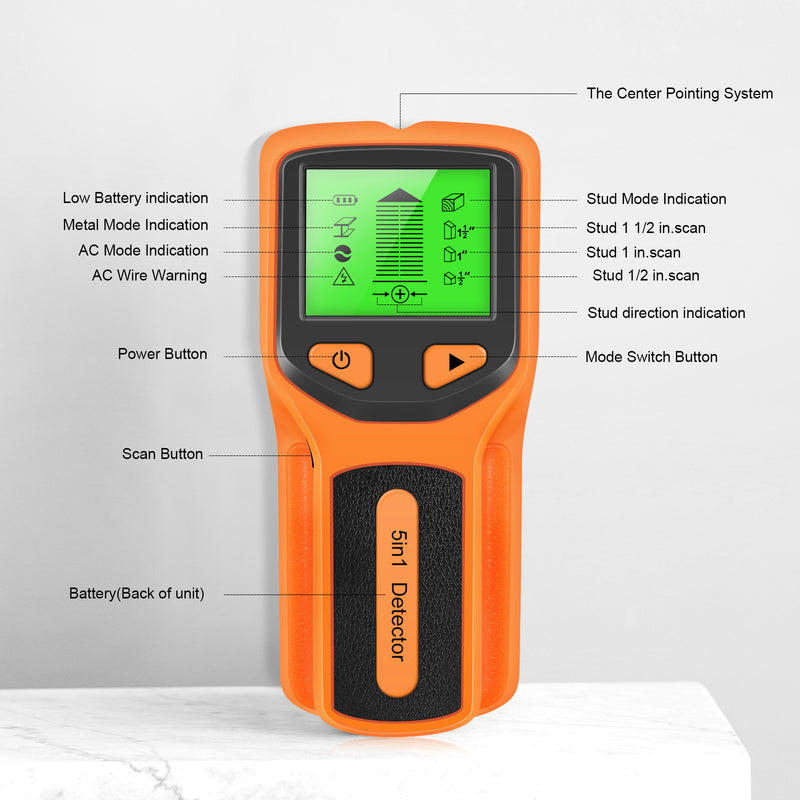 Novo detector de parede 5 em 1, detector portátil de coluna de parafuso, detector de cabo ac ao vivo, cabo, tubo de água em pvc, detector de metais