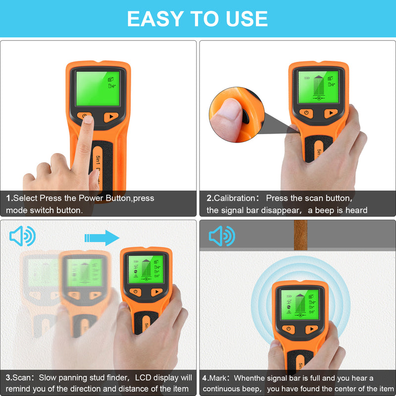Novo detector de parede 5 em 1, detector portátil de coluna de parafuso, detector de cabo ac ao vivo, cabo, tubo de água em pvc, detector de metais