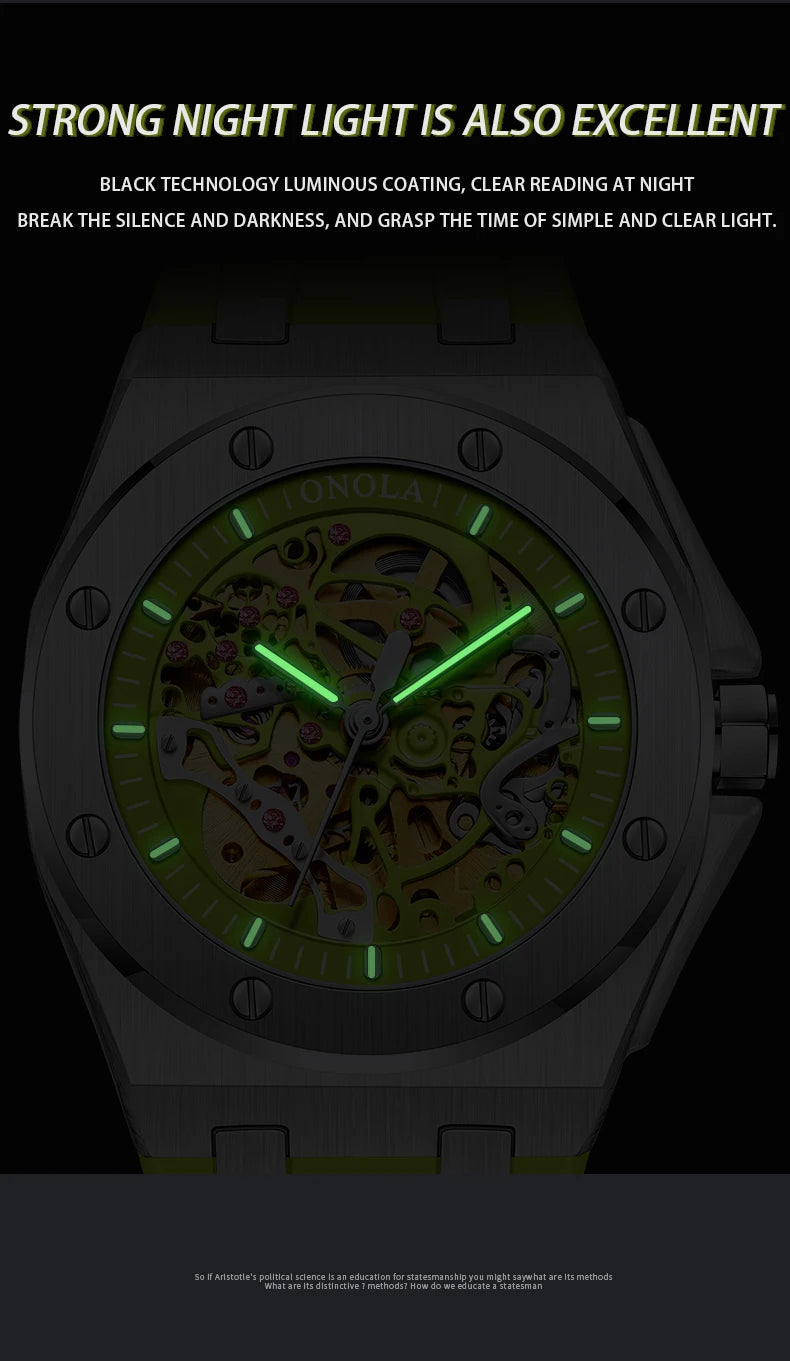 Onola relógio de pulso masculino esportivo de luxo, à prova d'água, automático, mecânico