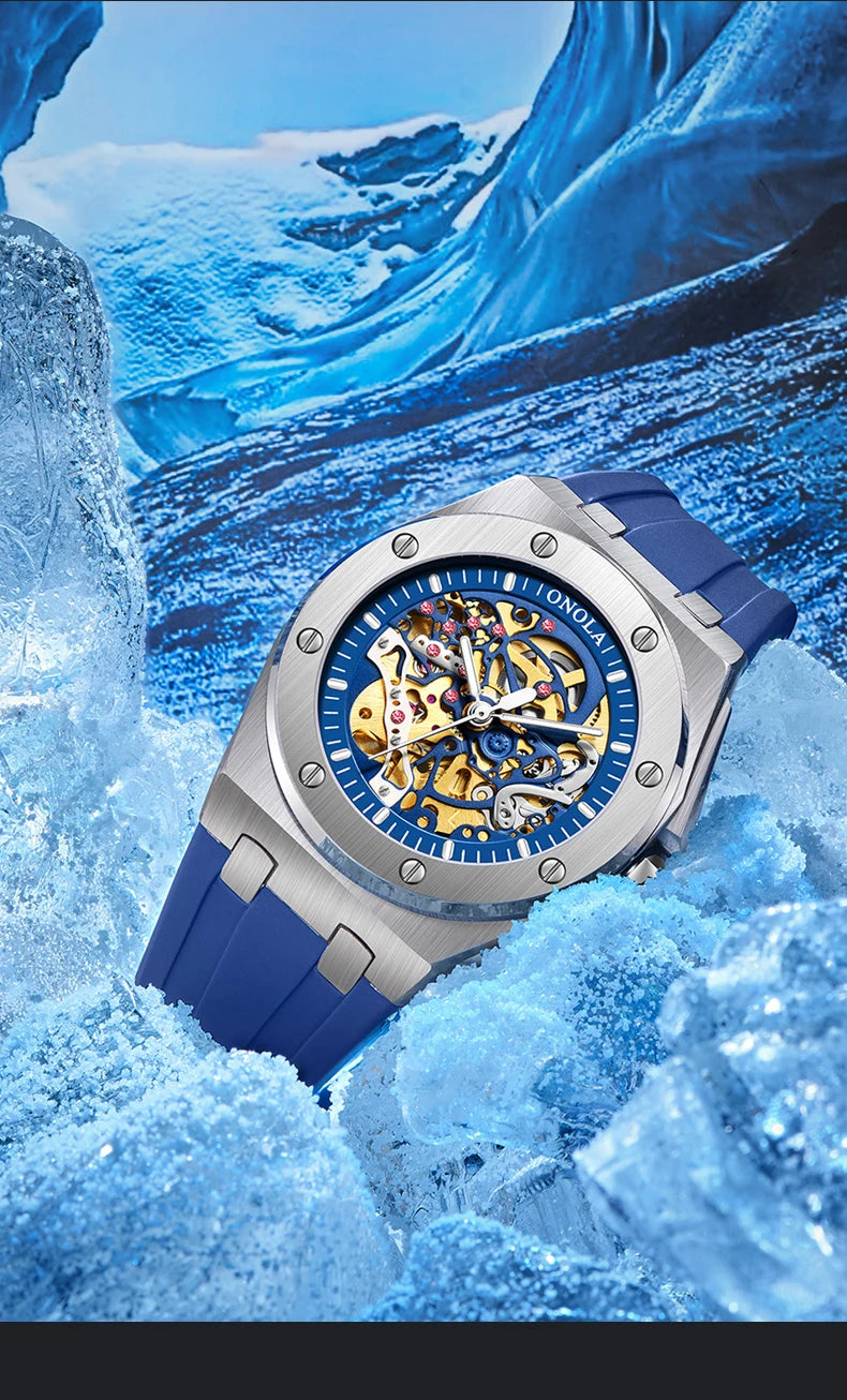 Onola relógio de pulso masculino esportivo de luxo, à prova d'água, automático, mecânico