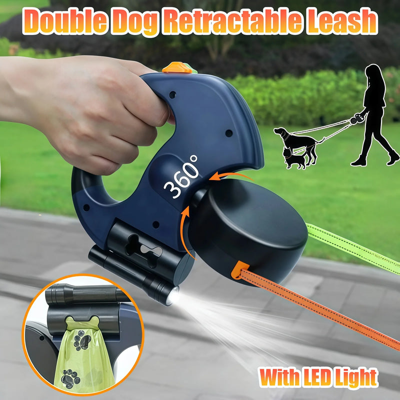 Trela retrátil automática para cães, 3m, com lanterna led, saco de resíduos, roleta, corda de tração dupla de 360 graus, suprimentos para animais de estimação
