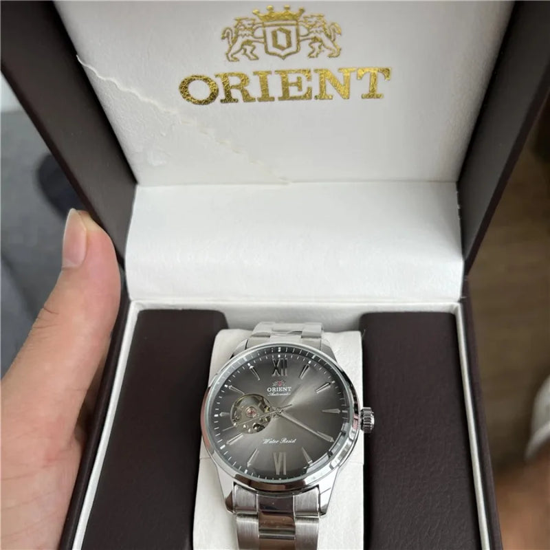 Orient Double Lion Classic Watch Series Remodelado Segunda Mão Relógio Mecânico Automático de Pele Oco Masculino