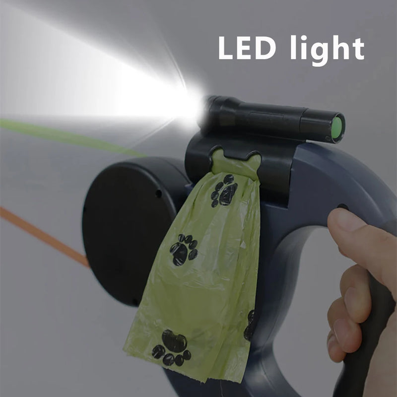 Trela retrátil automática para cães, 3m, com lanterna led, saco de resíduos, roleta, corda de tração dupla de 360 graus, suprimentos para animais de estimação