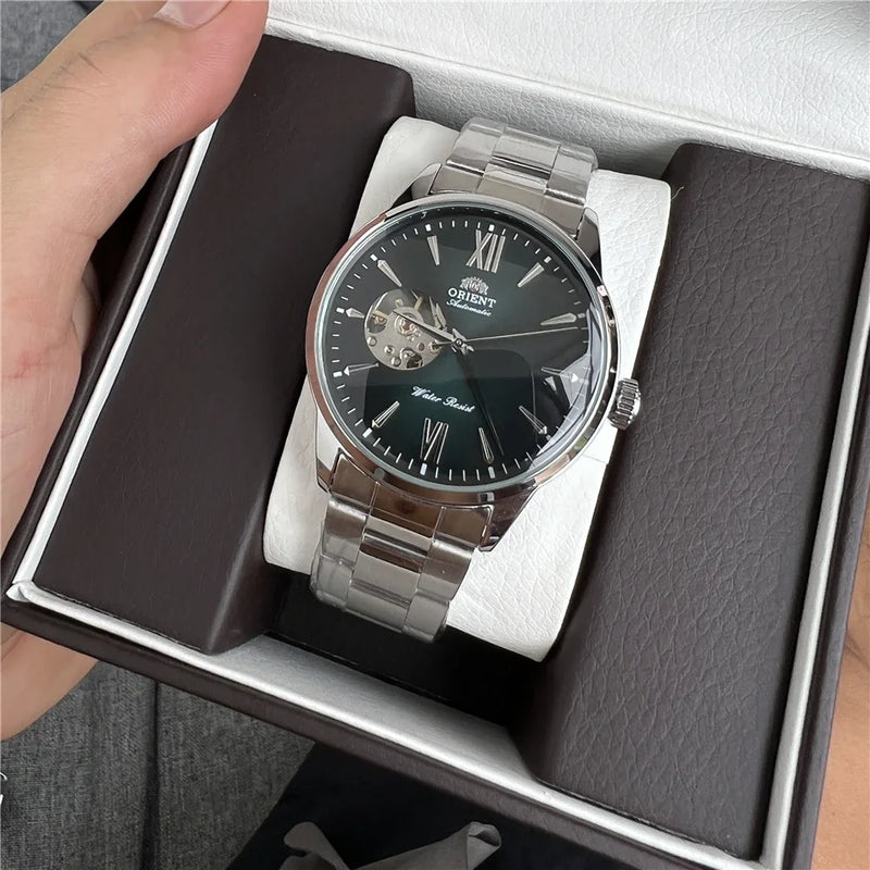 Orient Double Lion Classic Watch Series Remodelado Segunda Mão Relógio Mecânico Automático de Pele Oco Masculino