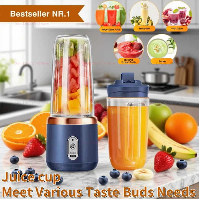 Liquidificador portátil de 6 lâminas, 2 copos para viagem, espremedor elétrico portátil, carga usb, suco de frutas frescas, liquidificador pessoal, smoothie
