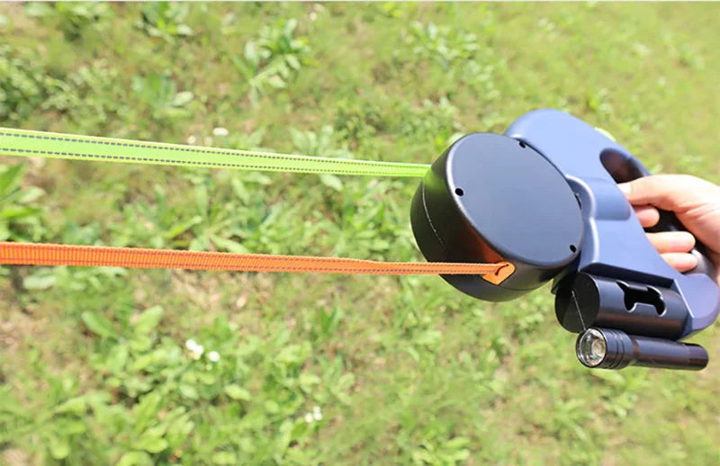 Trela retrátil automática para cães, 3m, com lanterna led, saco de resíduos, roleta, corda de tração dupla de 360 graus, suprimentos para animais de estimação