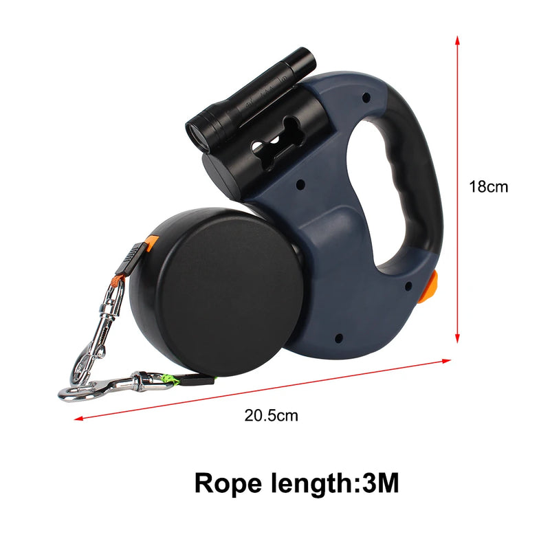 Trela retrátil automática para cães, 3m, com lanterna led, saco de resíduos, roleta, corda de tração dupla de 360 graus, suprimentos para animais de estimação