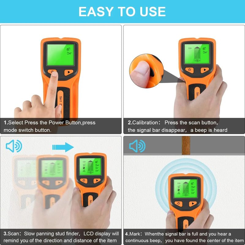 Novo detector de parede 5 em 1, detector portátil de coluna de parafuso, detector de cabo ac ao vivo, cabo, tubo de água em pvc, detector de metais