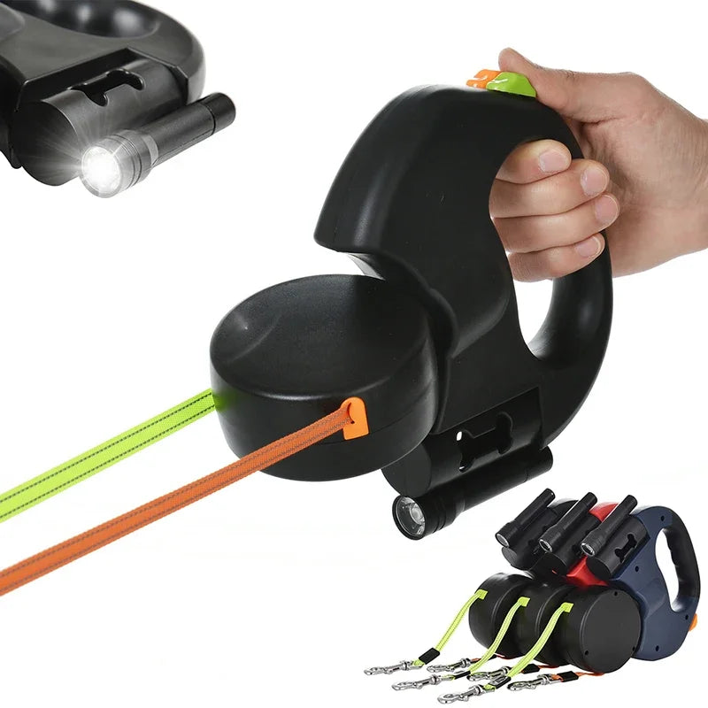 Trela retrátil automática para cães, 3m, com lanterna led, saco de resíduos, roleta, corda de tração dupla de 360 graus, suprimentos para animais de estimação