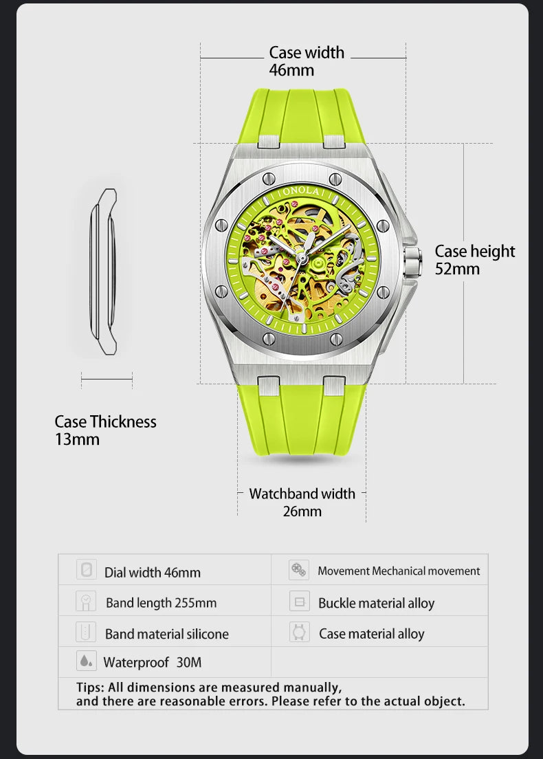 Onola relógio de pulso masculino esportivo de luxo, à prova d'água, automático, mecânico