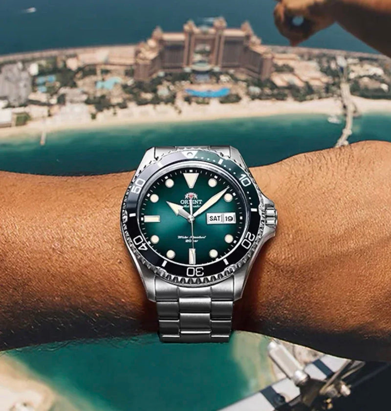 Orient duplo leão relógio mecânico totalmente automático masculino verde água fantasma relógio de mergulho masculino original importado 1:1