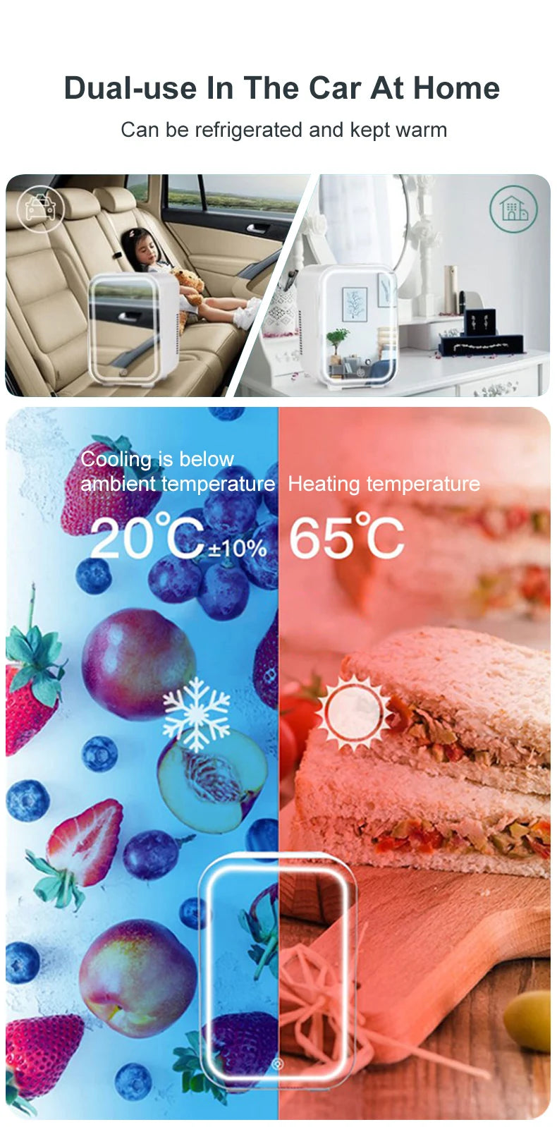 Mini geladeira de maquiagem 4l com espelho de luz led, geladeira portátil de armazenamento de cosméticos, refrigerador fresco para casa, carro, uso duplo