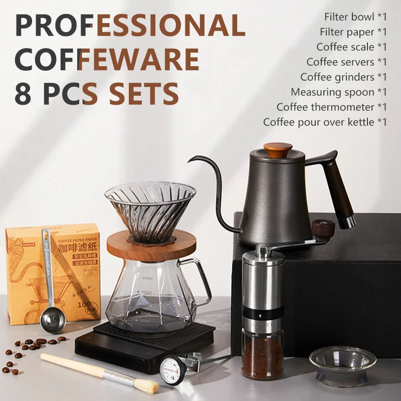 Conjunto De Café Acessórios De Café Moinho De Moinho De Moinho De Vidro Com Gotejador De Filtro Gooseneck Chaleira Especializada BaristaSet