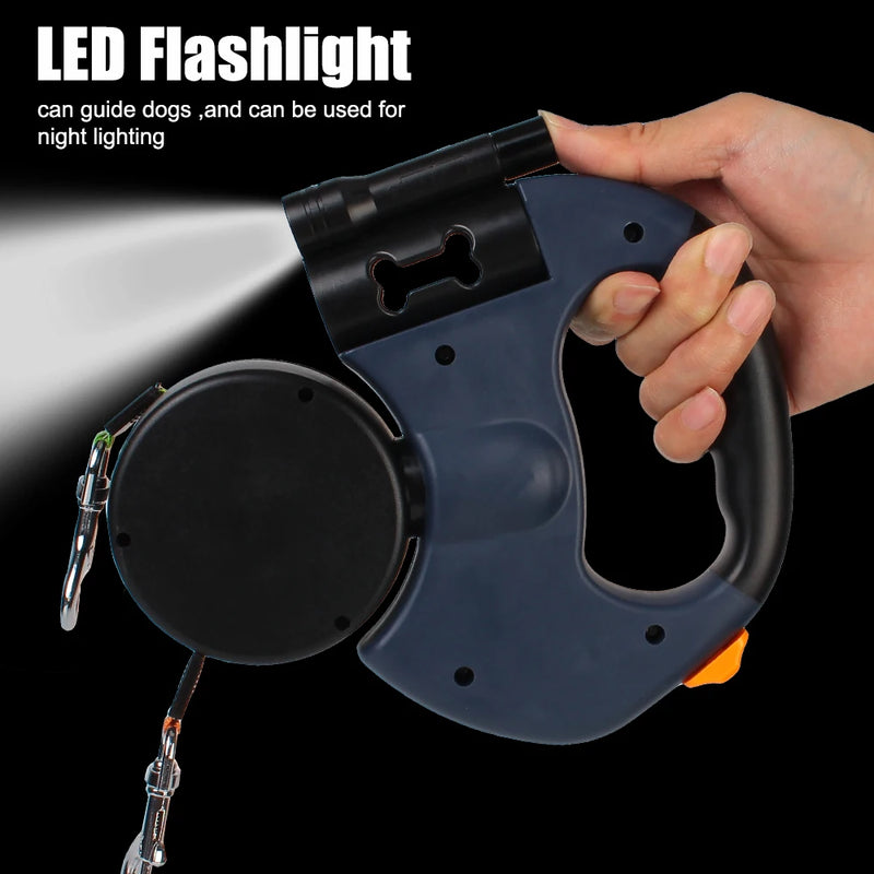 Trela retrátil automática para cães, 3m, com lanterna led, saco de resíduos, roleta, corda de tração dupla de 360 graus, suprimentos para animais de estimação
