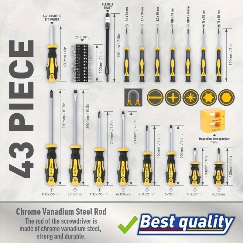 Conjunto de chave de fenda profissional atualizado com suporte de broca magnética, inclui ferramentas de fenda, Phillips, hexagonal, Torx e precisão