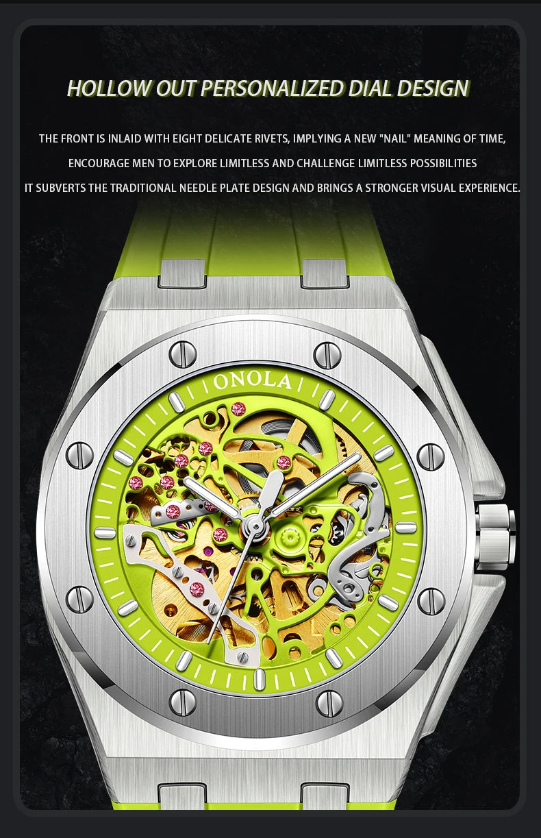 Onola relógio de pulso masculino esportivo de luxo, à prova d'água, automático, mecânico