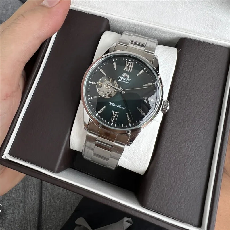 Orient Double Lion Classic Watch Series Remodelado Segunda Mão Relógio Mecânico Automático de Pele Oco Masculino