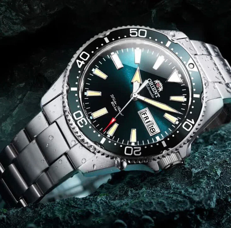 Orient duplo leão relógio mecânico totalmente automático masculino verde água fantasma relógio de mergulho masculino original importado 1:1