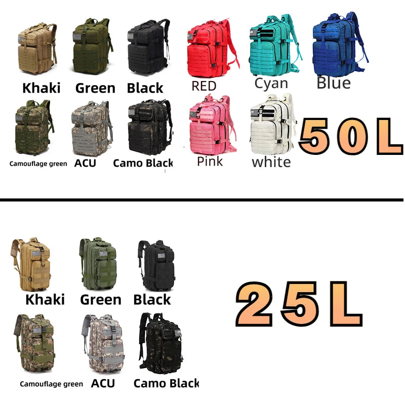 1000d náilon à prova dwaterproof água ao ar livre mochilas tático esportes acampamento caminhadas trekking pesca caça saco mochila 25l/50l