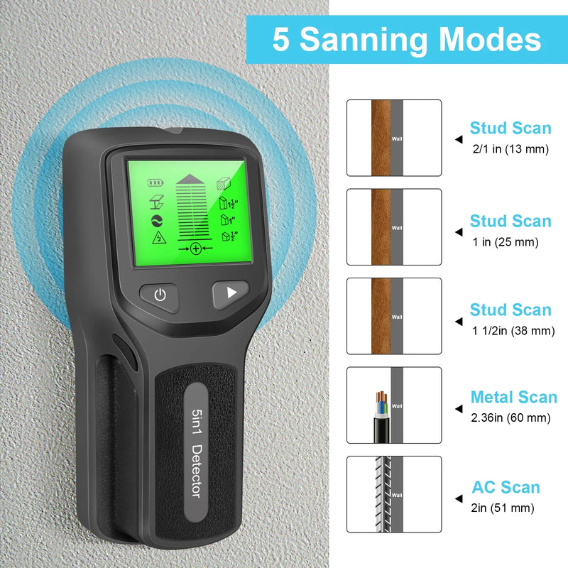 Novo detector de parede 5 em 1, detector portátil de coluna de parafuso, detector de cabo ac ao vivo, cabo, tubo de água em pvc, detector de metais