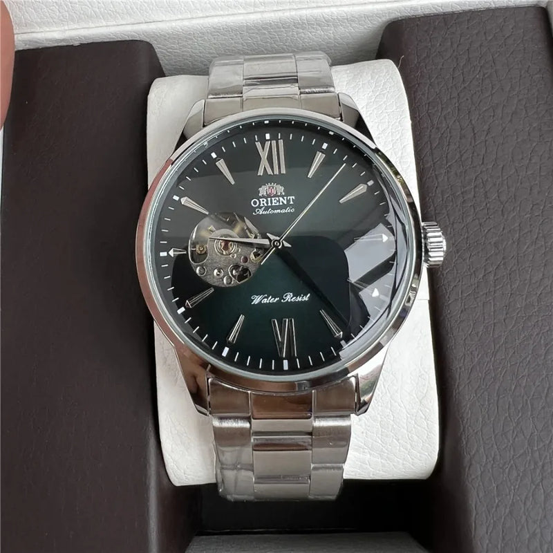 Orient Double Lion Classic Watch Series Remodelado Segunda Mão Relógio Mecânico Automático de Pele Oco Masculino