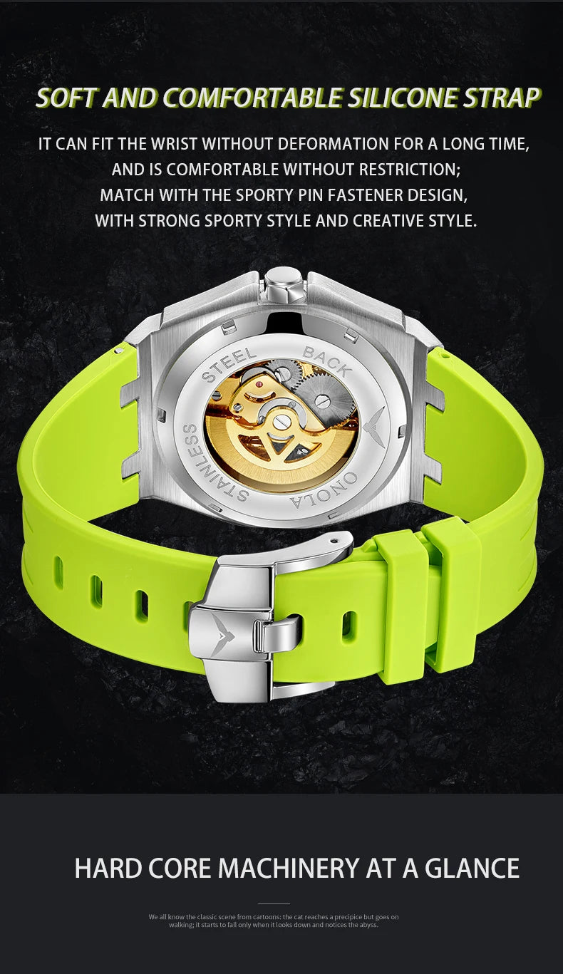 Onola relógio de pulso masculino esportivo de luxo, à prova d'água, automático, mecânico